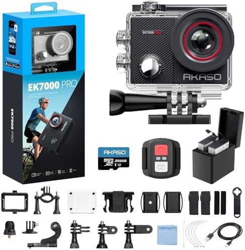 AKASO EK7000 Pro 4K30fps Action Camera with 256GB MicroSDXC U3 Card Accessories Kit Bundle, 20MP Ultra HD 131ft Waterproof Underwater Camera EIS WiFi Remote Control 5X Zoom Sport Cameras