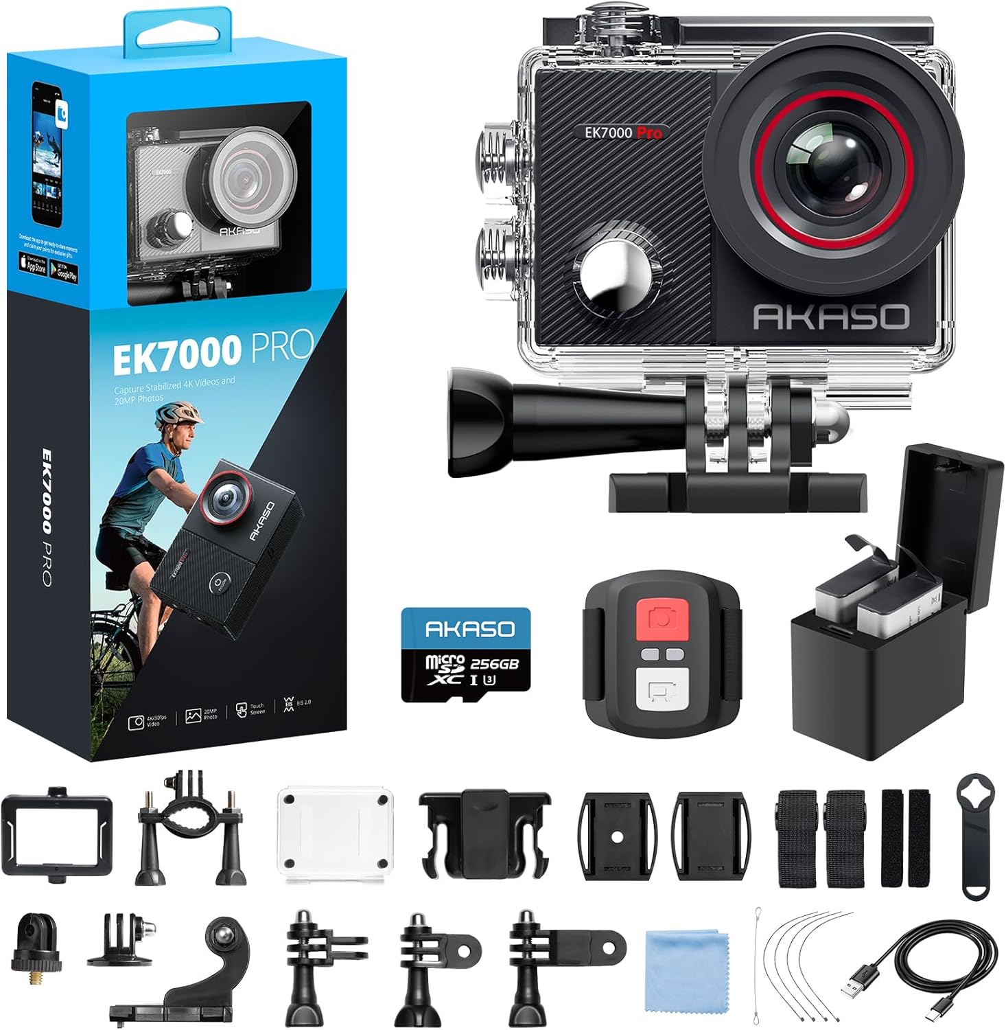 AKASO EK7000 Pro 4K30fps Action Camera with 256GB MicroSDXC U3 Card Accessories Kit Bundle, 20MP Ultra HD 131ft Waterproof Underwater Camera EIS WiFi Remote Control 5X Zoom Sport Cameras - Image 9
