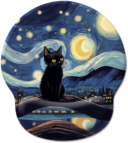 Black Cat Ergonomic Mouse Pad Wrist Support, Starry Night Gel Mouse Pads with Wrist Rest, Cute Computer Mousepad for Desk with Non-Slip PU Base, Comfortable Mouse Pad Office Desk Accessories