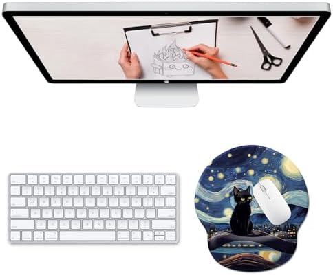 Black Cat Ergonomic Mouse Pad Wrist Support, Starry Night Gel Mouse Pads with Wrist Rest, Cute Computer Mousepad for Desk with Non-Slip PU Base, Comfortable Mouse Pad Office Desk Accessories - Image 2