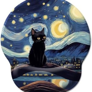 Black Cat Ergonomic Mouse Pad Wrist Support, Starry Night Gel Mouse Pads with Wrist Rest, Cute Computer Mousepad for Desk with Non-Slip PU Base, Comfortable Mouse Pad Office Desk Accessories